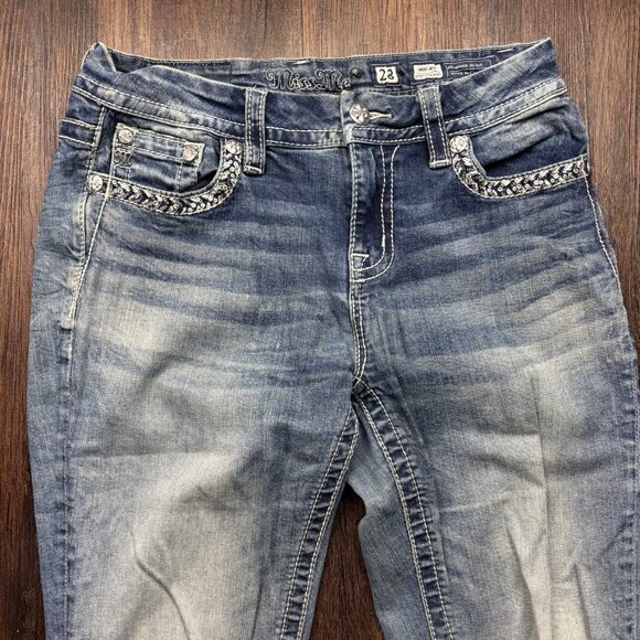 Miss Me Mid-Rise Easy Straight Jeans Embellished Distressed Medium Wash Size 28 - Picture 3 of 13